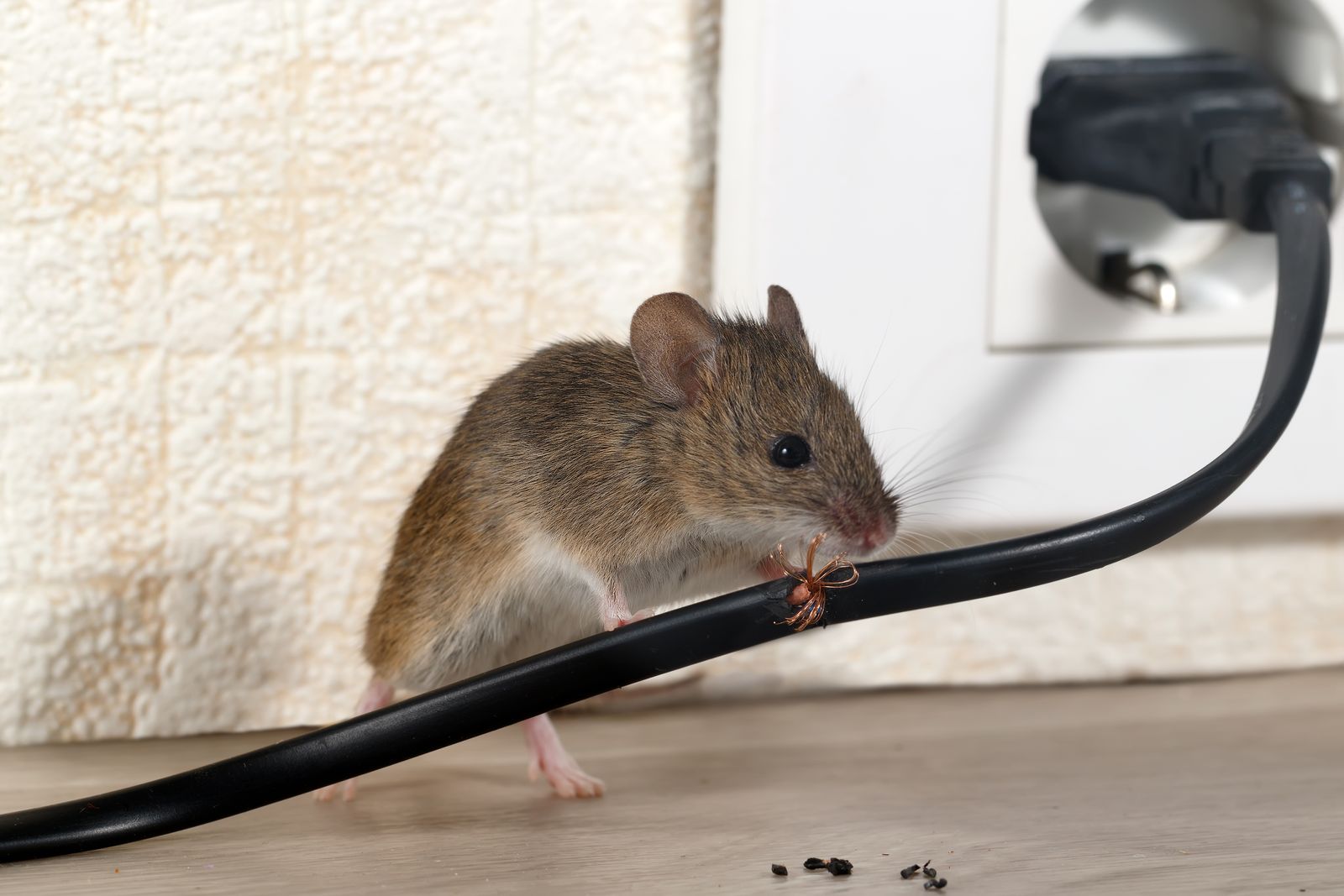 Souris grimpant sur un câble électrique près d'une prise murale